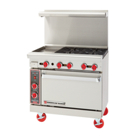 American Range 36 Inch Gas Restaurant Range With Griddle Featuring Four Burners And A Griddle Plate, Ideal For Commercial Kitchens.