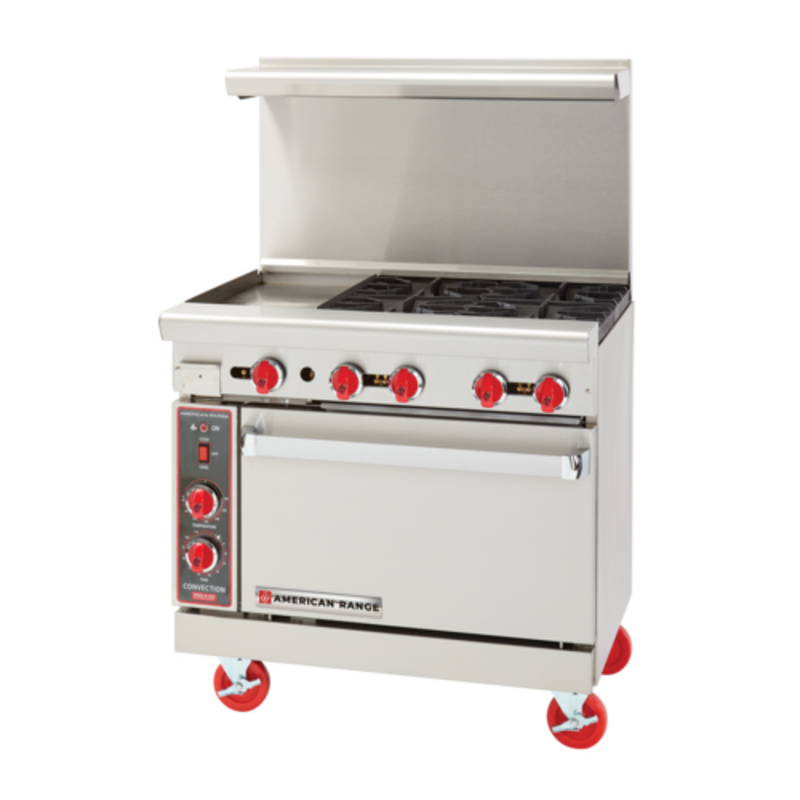 American Range 36 Inch Gas Restaurant Range With Griddle Featuring Four Burners And A Griddle Plate, Ideal For Commercial Kitchens.