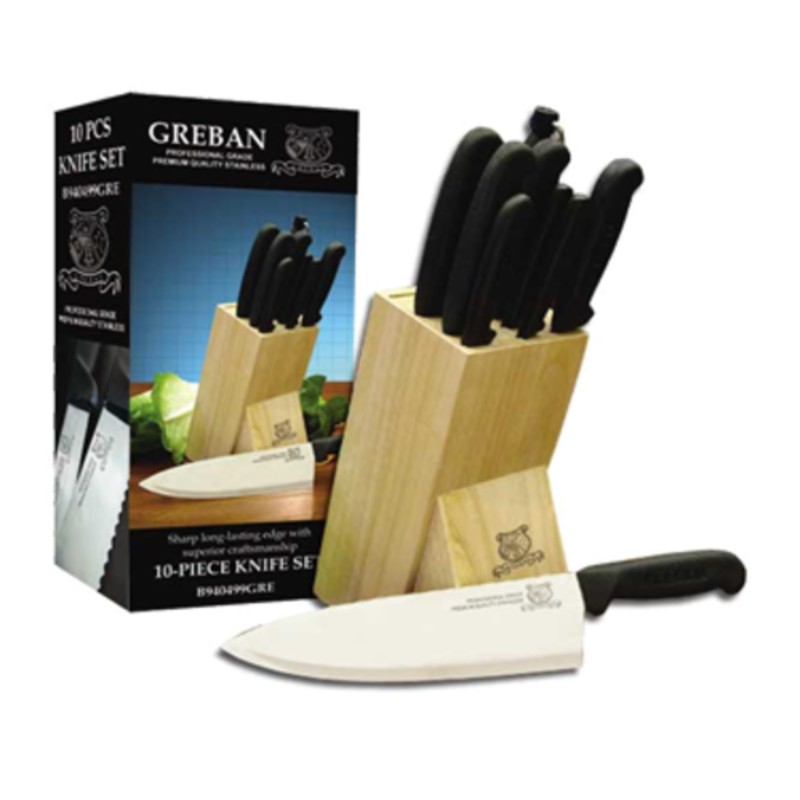 Alt Tag: OMCAN 12887 10-Piece Premium Kitchen Knife Set with Wooden Block in wooden storage block, professional kitchen knives set