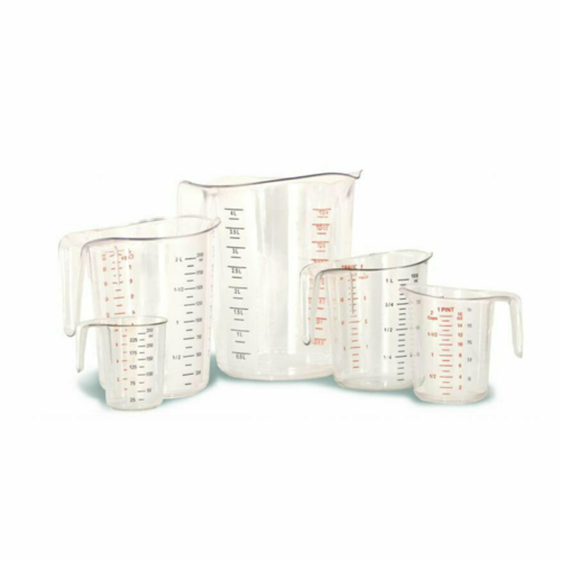 Alt Tag: Omcan 80575 Durable Plastic Measuring Cups Set 1/4 to 1-Cup clear plastic measuring cup set with red measurement markings