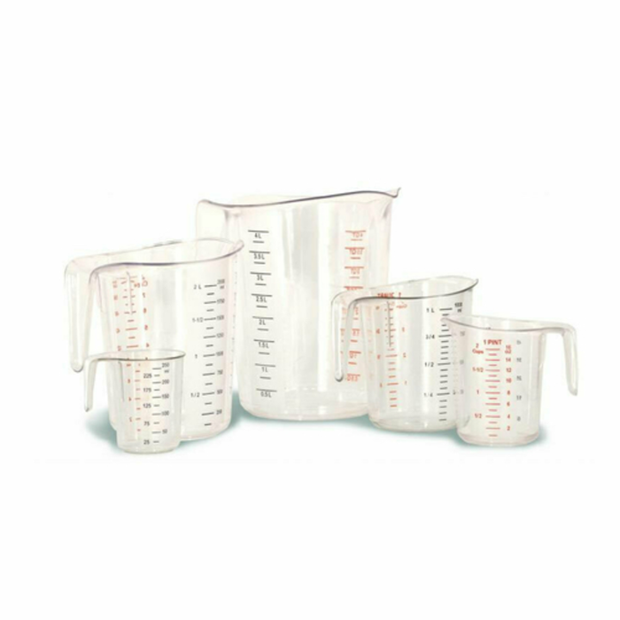 Alt Tag: Omcan 80575 Durable Plastic Measuring Cups Set 1/4 to 1-Cup clear plastic measuring cup set with red measurement markings