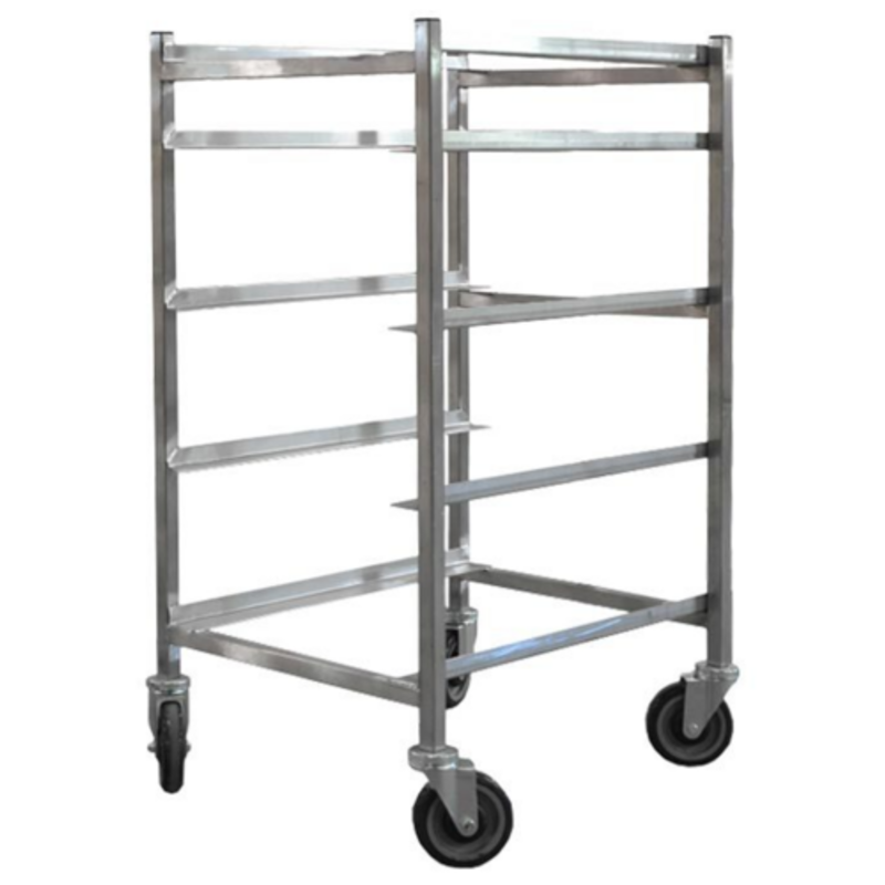 OMCAN 31755 5-Slide Stainless Steel Universal Pan Lug Rack with welded angle slides and 5-inch casters for commercial kitchens