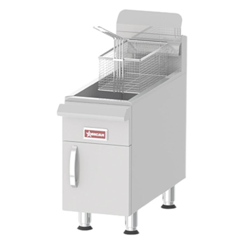 Alt Tag: Omcan 43089 30 lbs. Capacity Commercial Countertop Gas Fryer stainless steel fryer with twin baskets for restaurant kitchens