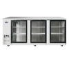 Three-Section Glass Door Back Bar Cooler Featuring Stainless Steel Design And Spacious Interior Shelving.