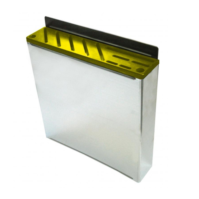 Alt Tag: Omcan 12937 Stainless Steel 10 Knife Capacity Rack Yellow Insert stainless steel knife rack with yellow insert for commercial kitchen storage