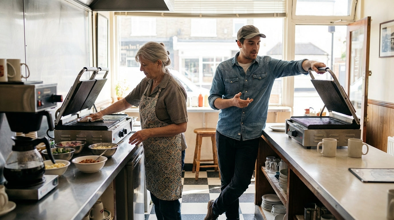 Two café workers preparing food in a small commercial kitchen with griddle and coffee maker