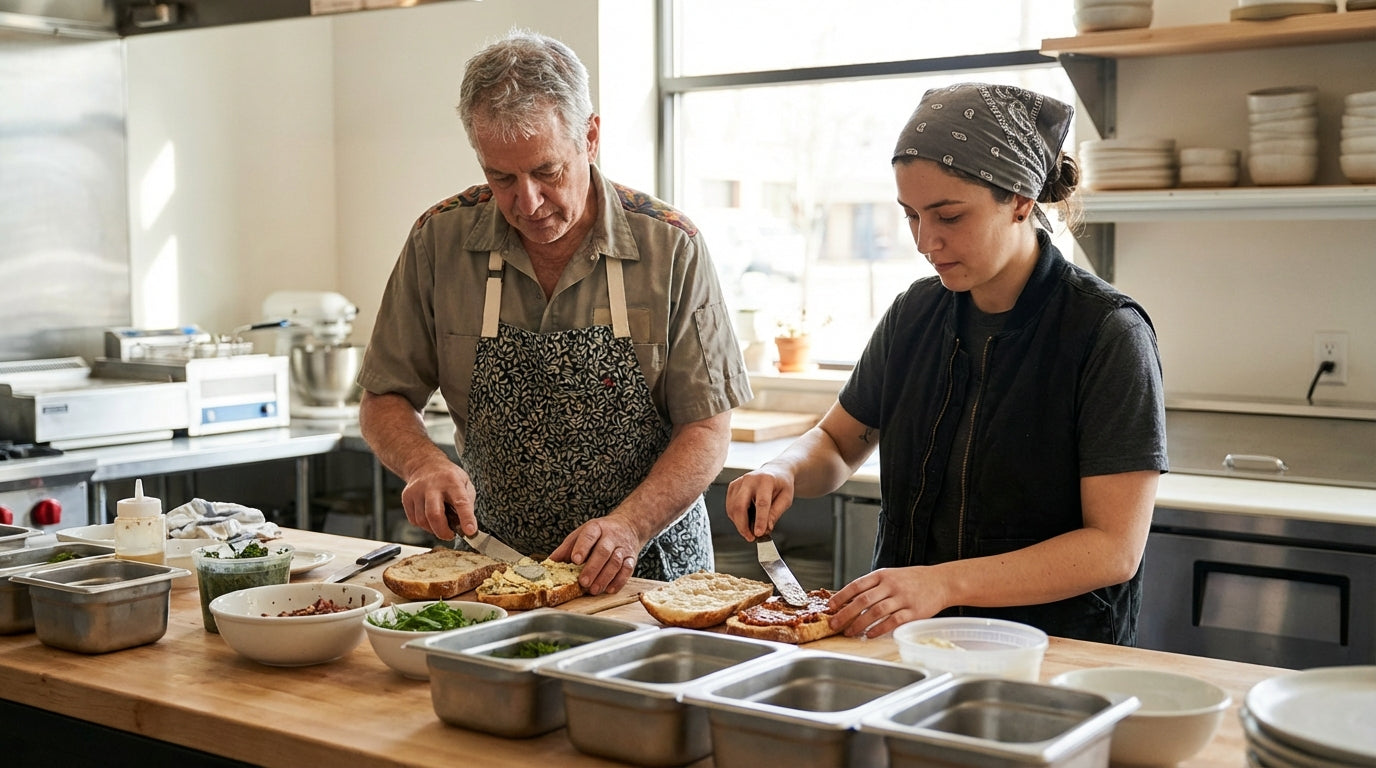 Chef and kitchen assistant preparing sandwiches with fresh ingredients on a commercial kitchen counter