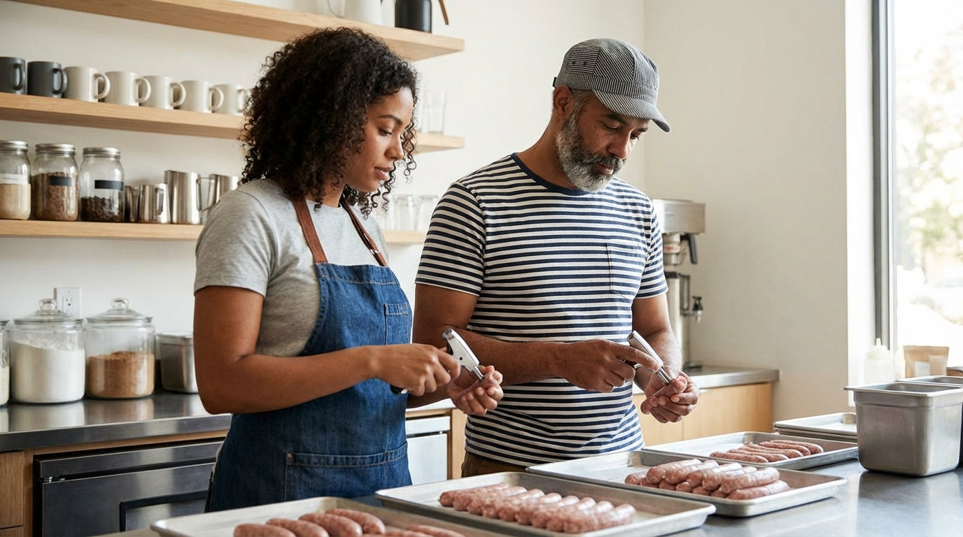 Two bakers preparing trays of sausages in a commercial kitchen, checking ingredients and portioning meat for production