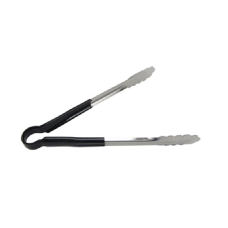 Heavy-Duty Stainless Steel Utility Tongs With Black Rubber Grip For Cooking And Serving.