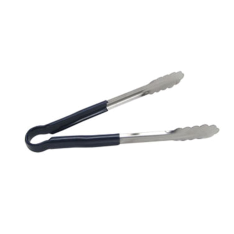 Heavy-Duty Stainless Steel Utility Tongs With Blue Scalloped Handle For Efficient Food Handling