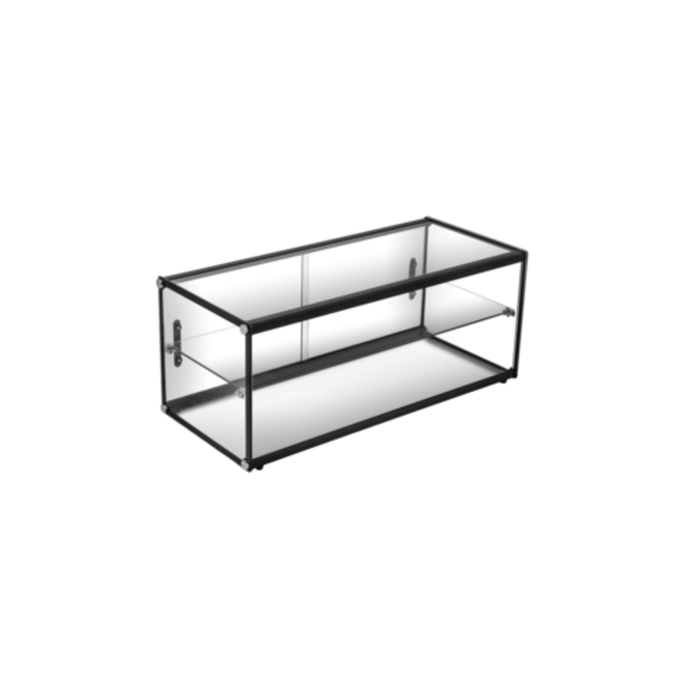 Non-Refrigerated Countertop Display Case With Clear Glass Panels And Black Frame