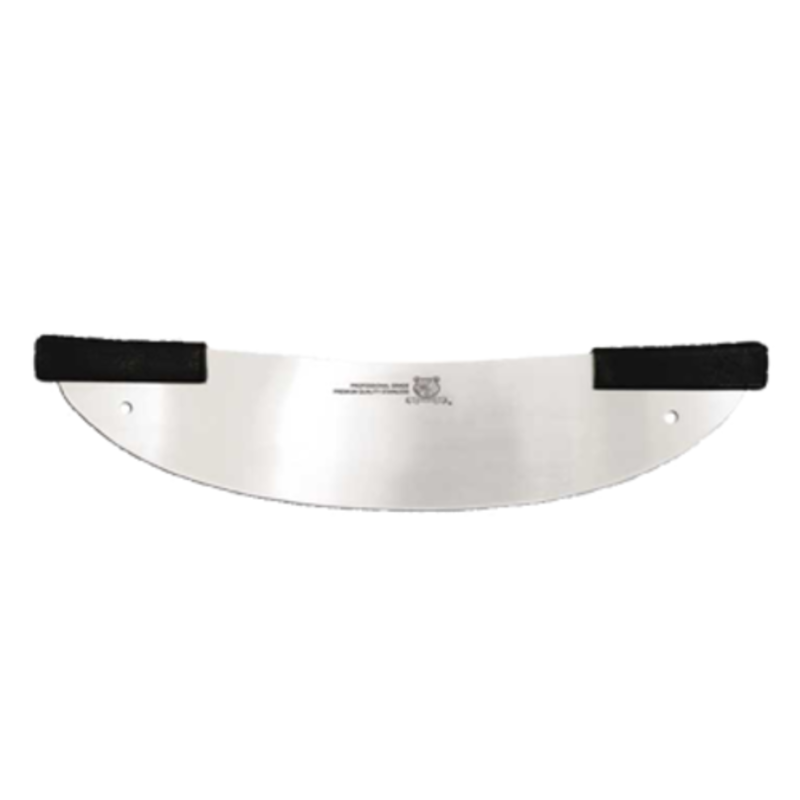 OMCAN 12818 20-Inch Blade Commercial Grade Pizza Rocker Knife with black handles, 20-inch curved stainless steel blade for fast slicing
