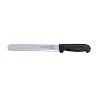 Alt Tag: Omcan 12644 10-Inch Straight Wave Edge Slicer Knife Black Handle - 10-inch straight wave edge slicer knife with black handle