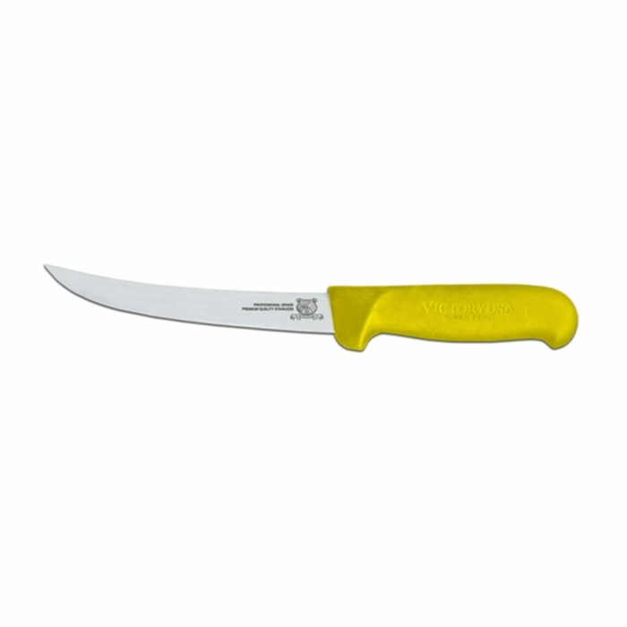 Alt Tag: Omcan 23873 6-inch Flexible Stainless Steel Professional Boning Knife with stainless blade and yellow ergonomic handle