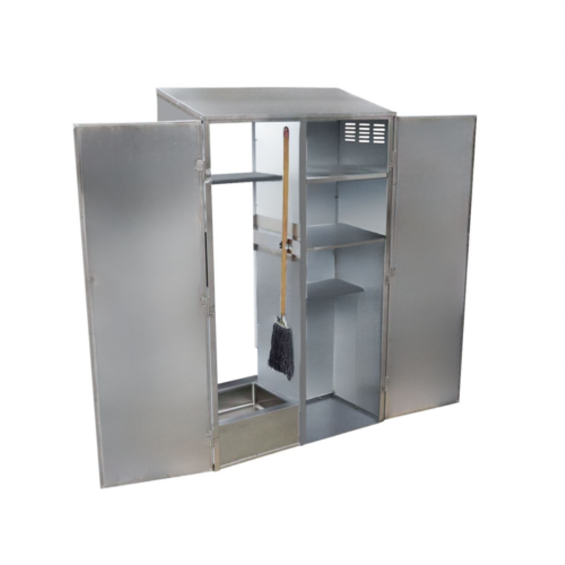 Omcan 48231 Stainless Steel Janitor Cabinet With Mop Sink Open Showing Storage Features