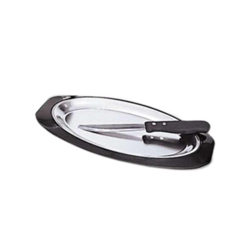 Oval Stainless Steel Sizzle Platter With Black Handle Knife For Serving Steaks And Seafood.