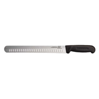 Alt Tag: Omcan 12727 Granton Edge Slicer Knife 14 Inch Blade straight slicer knife with Granton edge grooves and black handle