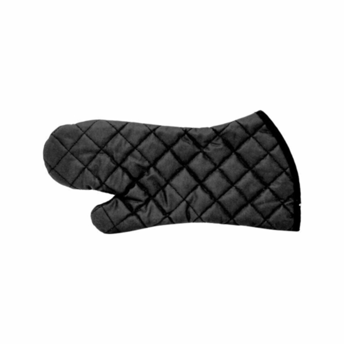 Alt Tag: Omcan 46345 17-Inch Heavy-Duty Neoprene Oven Mitt for Kitchens, black quilted heat-resistant commercial oven mitt
