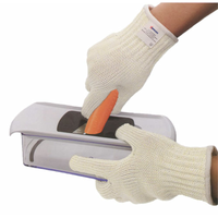 Omcan 47255 HPPE Fiber ANSI A4 Cut Resistant Safety Glove worn while slicing carrot with mandoline for kitchen and food prep hand protection