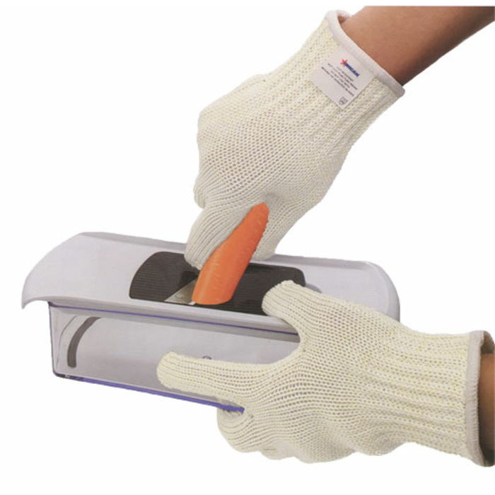 Omcan 47255 HPPE Fiber ANSI A4 Cut Resistant Safety Glove worn while slicing carrot with mandoline for kitchen and food prep hand protection