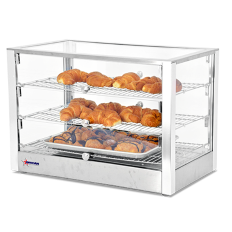 OMCAN 41873 115 L Countertop Hot Food Display Warmer glass countertop case with stainless frame and shelves holding pastries