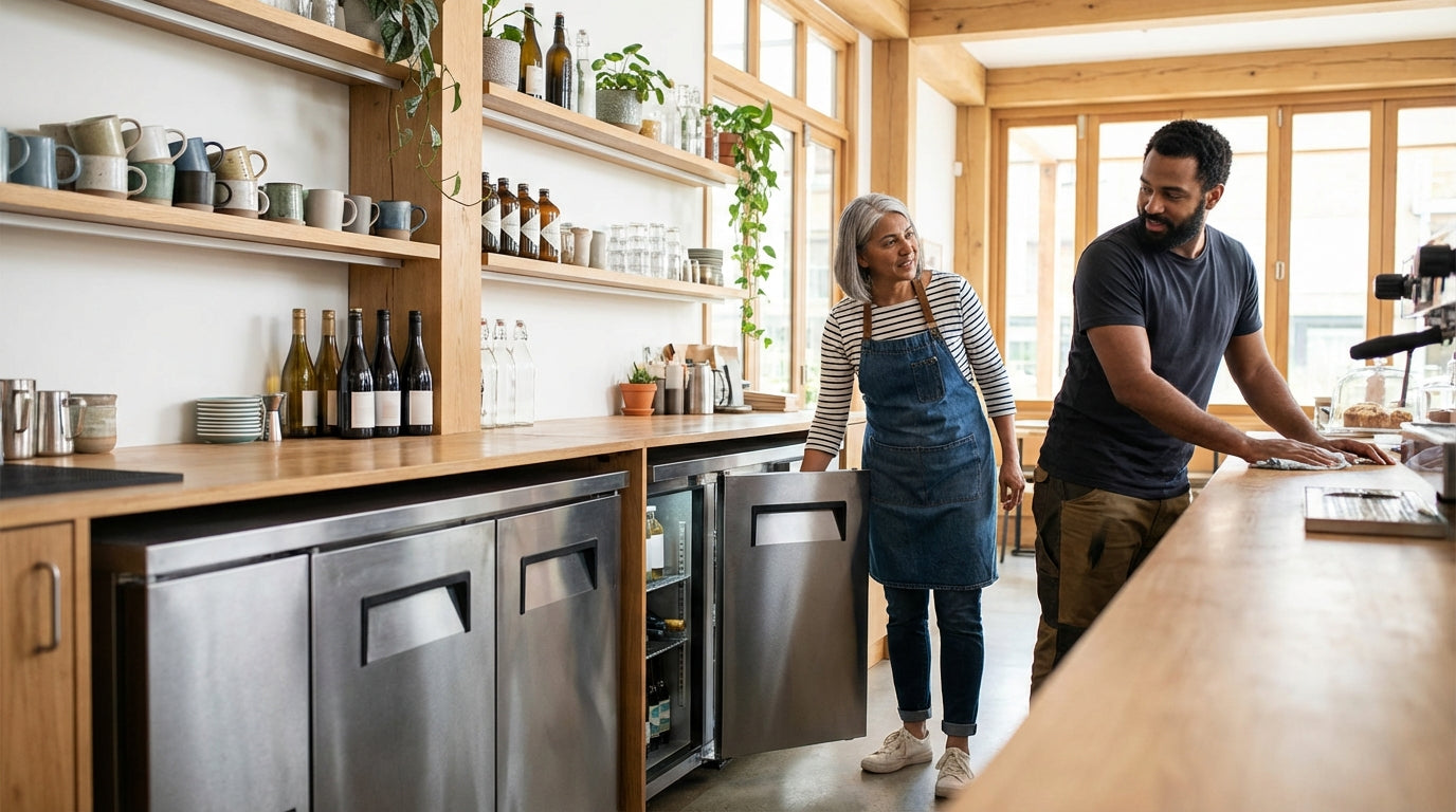 Barista and coworker working behind a modern coffee shop counter with espresso machine, cups, and shelves in a bright café
