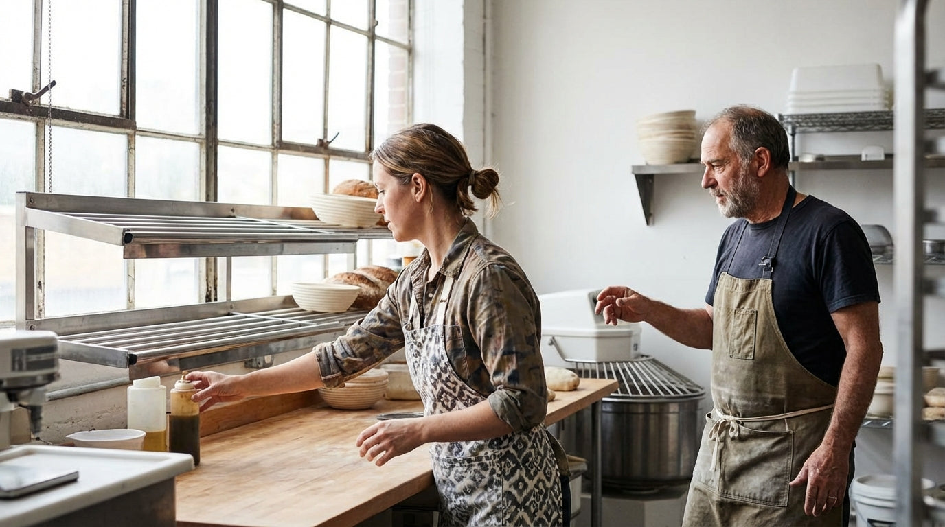 Baker and assistant preparing dough at wooden workbench in a commercial bakery kitchen with large windows and racks