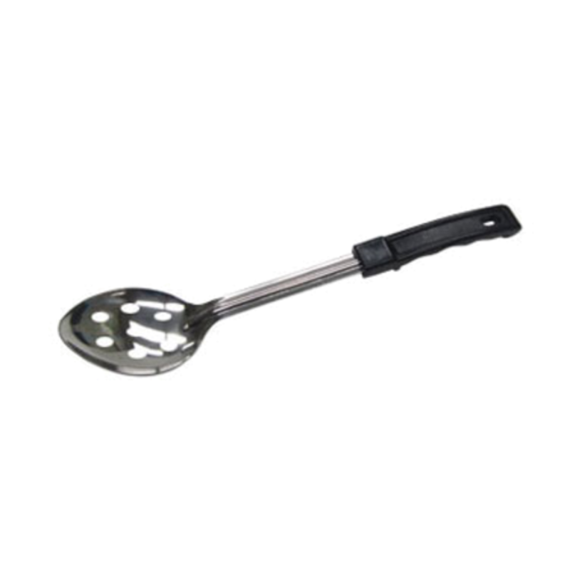 Perforated Stainless Steel Basting Spoon With A Black Handle For Efficient Serving And Draining In Busy Kitchens