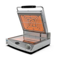 Alt Tag: Spidocook SAP015PT Electric Glass Ceramic Panini Grill Smooth Plate with transparent glass-ceramic smooth plate and heated upper element open