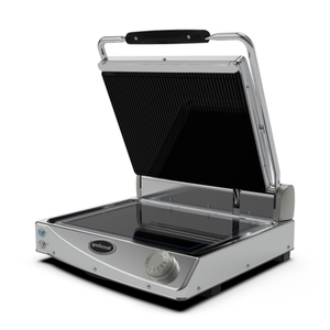 Spidocook SAP015R Ribbed Glass Ceramic Commercial Sandwich Panini Grill with ribbed glass ceramic plates, stainless steel contact grill