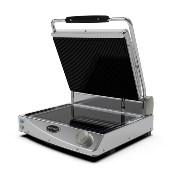 Spidocook SAP015R Ribbed Glass Ceramic Commercial Sandwich Panini Grill with ribbed glass ceramic plates, stainless steel contact grill