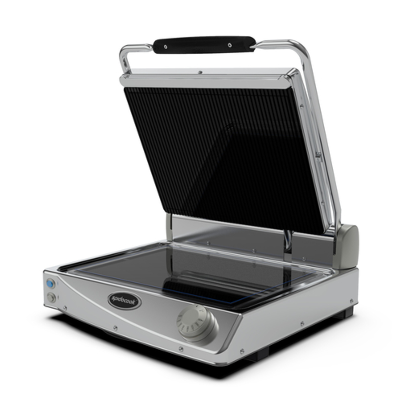 Spidocook SAP015R Ribbed Glass Ceramic Commercial Sandwich Panini Grill with ribbed glass ceramic plates, stainless steel contact grill