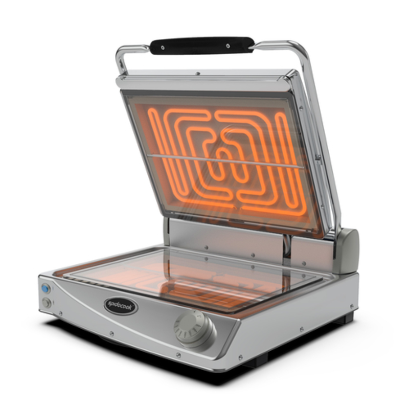 Alt Tag: Spidocook Spidoglass ECO 19" Electric Countertop Panini Grill with glass ceramic plates, open contact grill for sandwiches and paninis