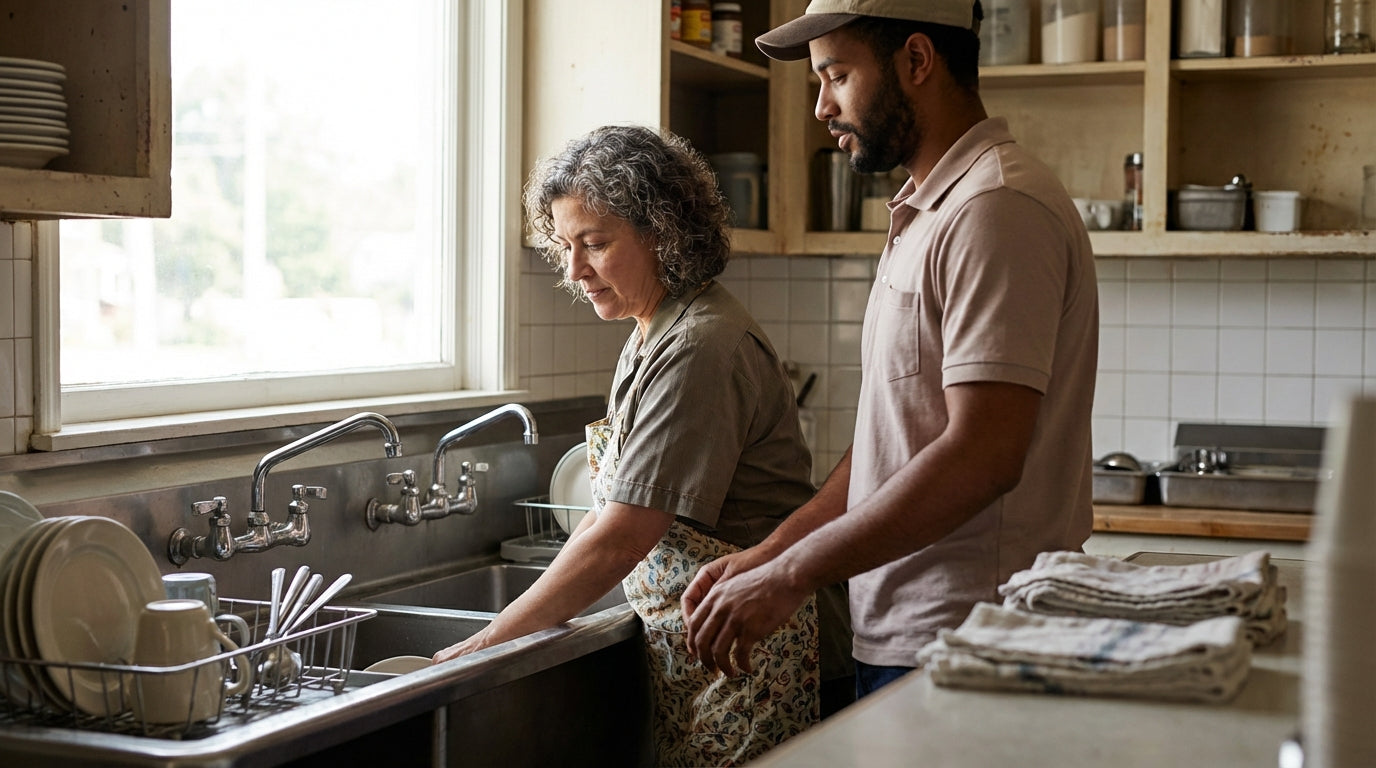 Woman washing dishes at kitchen sink while man stands behind her in a cozy home kitchen