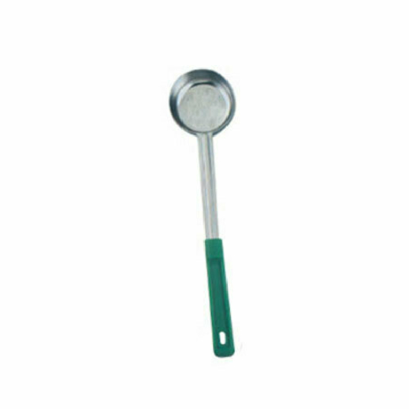 Omcan 80779 2 oz. Durable Stainless Steel Portion Control Serving Spoon with green handle for precise portioning