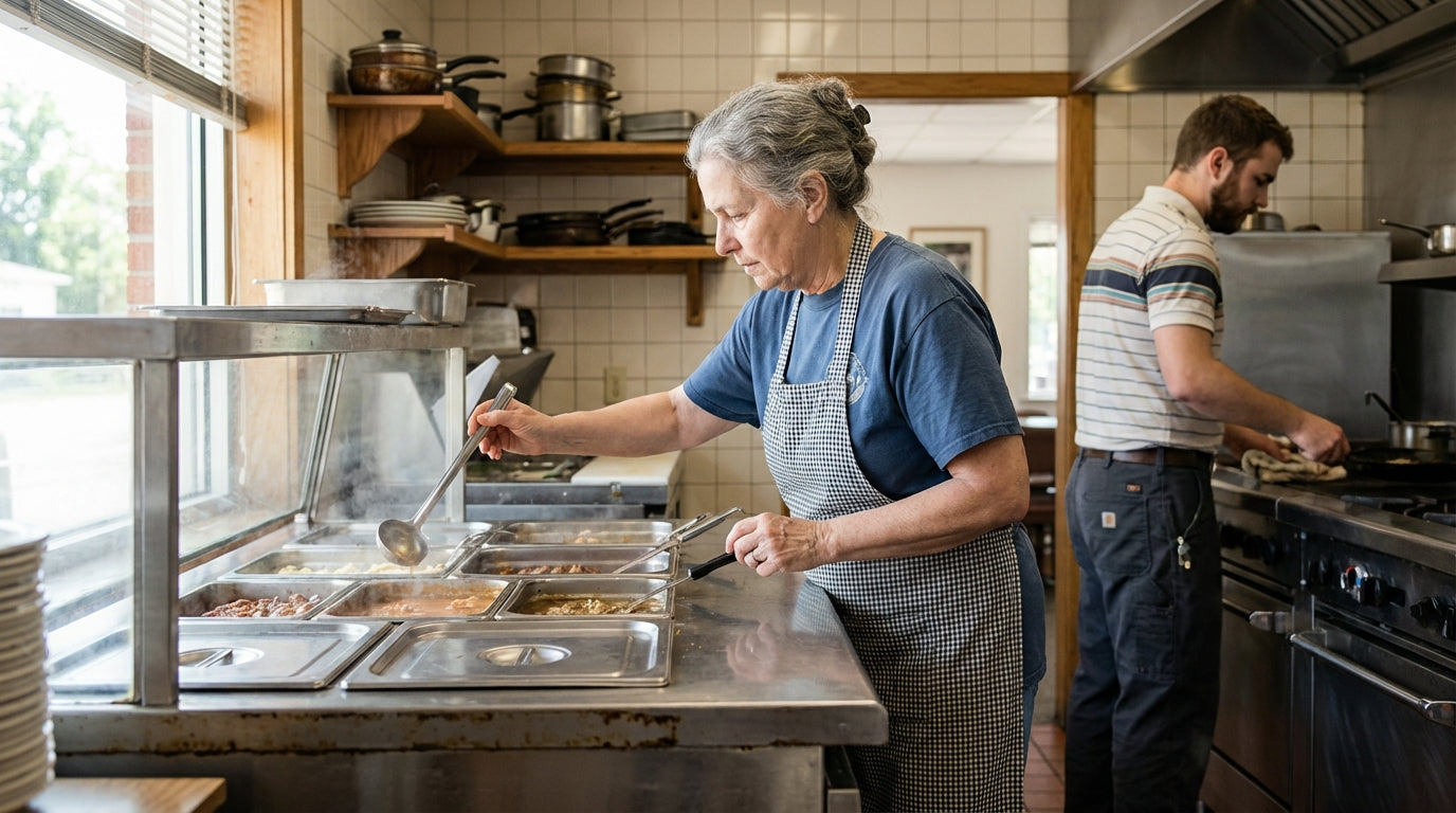 Older woman serving food at a commercial kitchen buffet line while cook prepares meals in the background