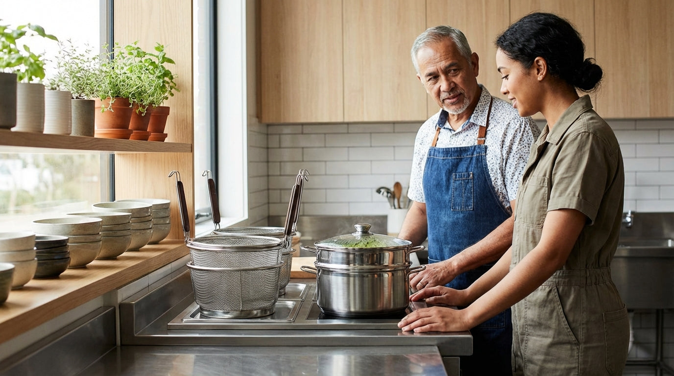 Older man and young woman cooking together in a modern kitchen, preparing food on the stove with pots and a colander
