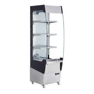 Alt Tag: Omcan 39537 Heated Floor Display Warmer 7.8 Cu. Ft. Capacity open heated floor display case with glass sides and shelves