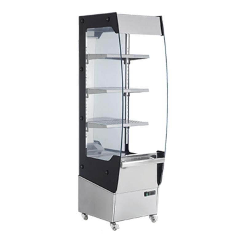 Alt Tag: Omcan 39537 Heated Floor Display Warmer 7.8 Cu. Ft. Capacity open heated floor display case with glass sides and shelves