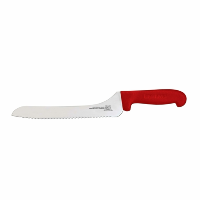 OMCAN 12440 9-Inch Blade Offset Wave Edge Slicing Knife with red handle and serrated wave edge blade