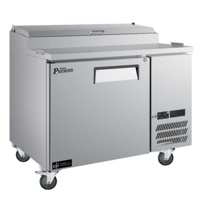 Versa Premier CPDR1-44VCP-L 44" Commercial Refrigerated Pizza Prep Table With Stainless Steel Finish And Wheels.