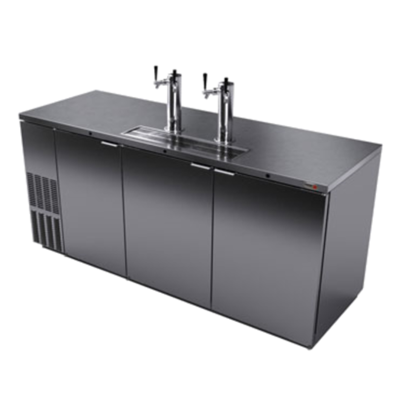 Alt Tag: Fagor FDD-79S-N-HC 80" Direct Draw Three Solid Door Beer Cooler with dual draft towers and stainless steel three-door bar cooler