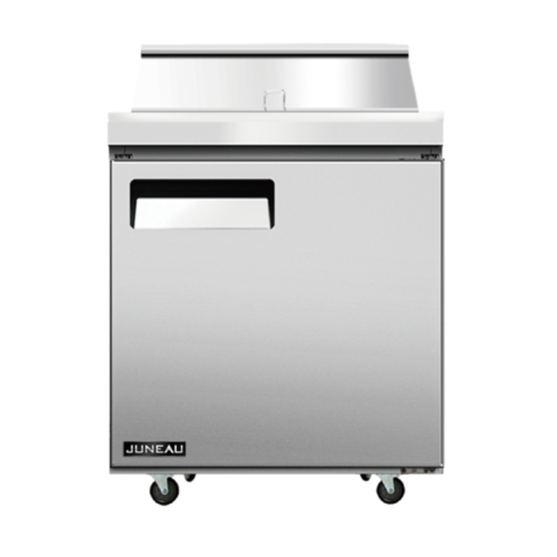 Omcan 58005 27.6" Wide Refrigerated Sandwich Salad Prep Table Juneau stainless steel prep table with refrigerated base on casters