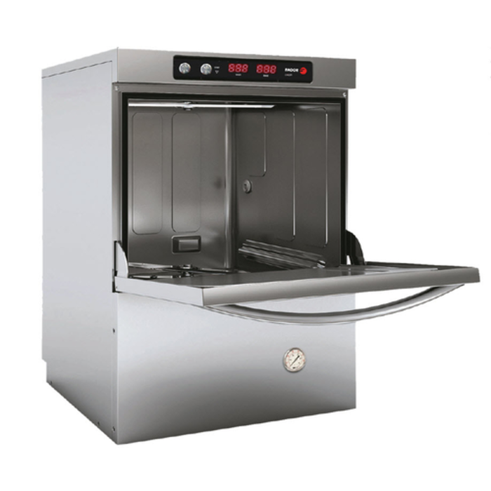 Fagor CO-500W High-Temp Undercounter Dishwasher With Open Door Showing Interior.