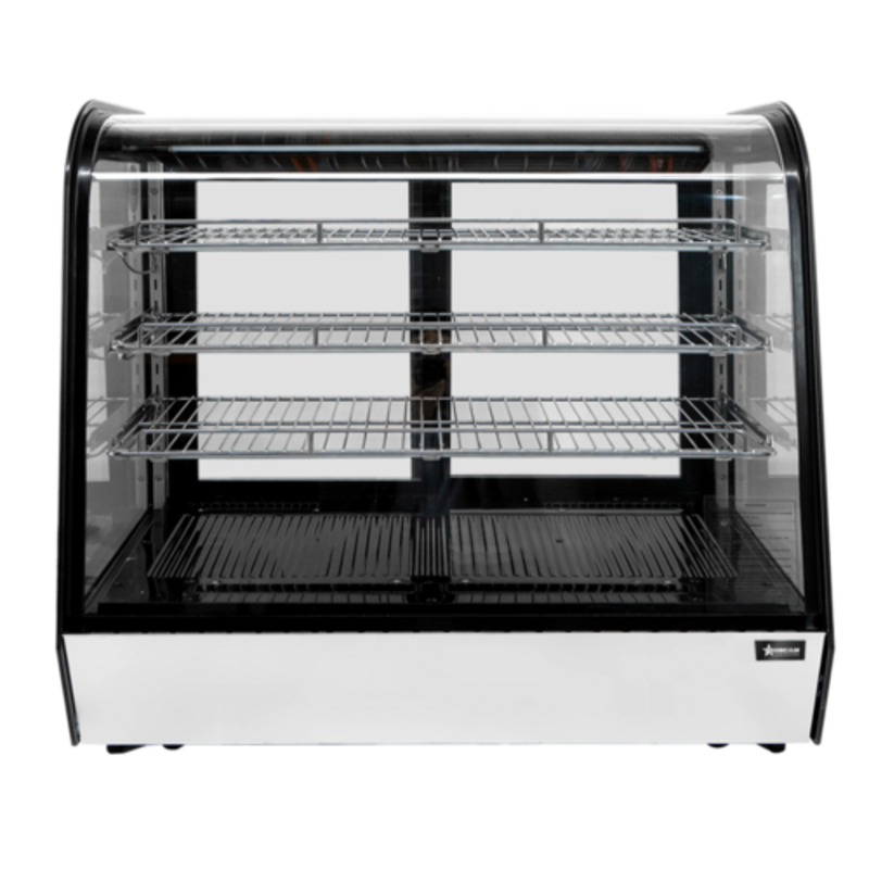 Alt Tag: OMCAN 47968 60-Inch Countertop Curved Glass Refrigerated Display Case with curved glass front and three wire shelves