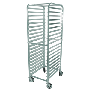 Alt Tag: OMCAN 13506 20 Pan Capacity Knock-Down Aluminum Curve Top Rack aluminum pan rack cart with casters, commercial kitchen storage