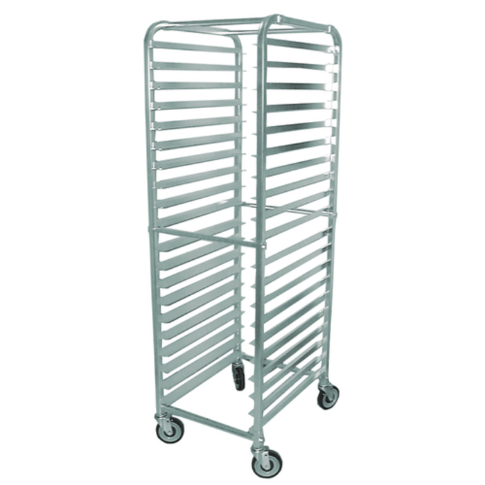 Alt Tag: OMCAN 13506 20 Pan Capacity Knock-Down Aluminum Curve Top Rack aluminum pan rack cart with casters, commercial kitchen storage