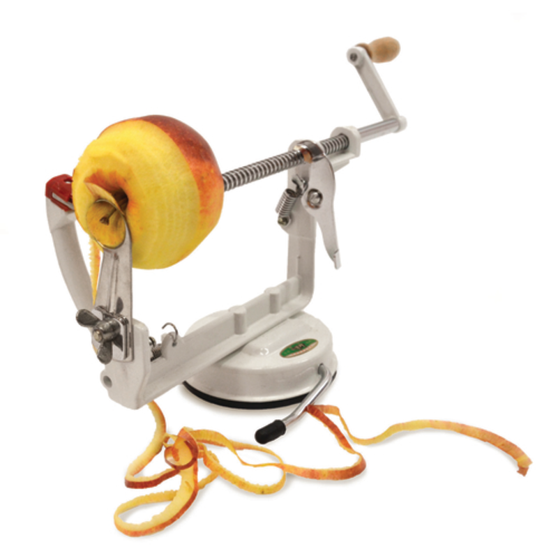 Omcan 10829 Efficient Manual Tabletop Apple Corer Peeler Slicer Kitchen Tool peeling and slicing an apple with hand crank