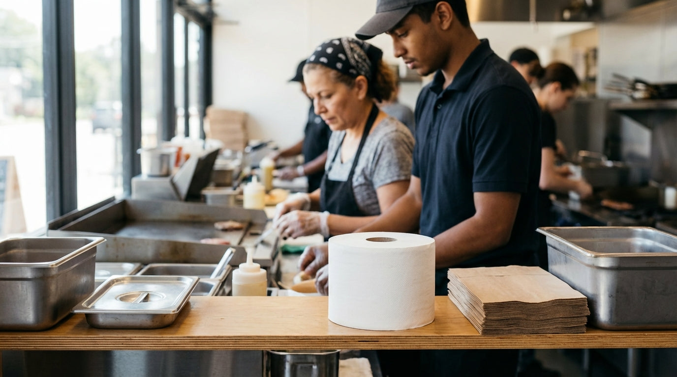 Restaurant kitchen staff preparing food at prep counter with trays and paper towels in a busy commercial kitchen