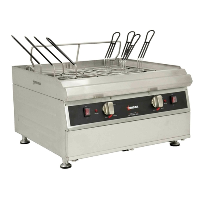 Alt Tag: Omcan 41883 Countertop Electric Pasta Cooker 18L Two Tanks stainless steel double tank commercial pasta cooker with baskets